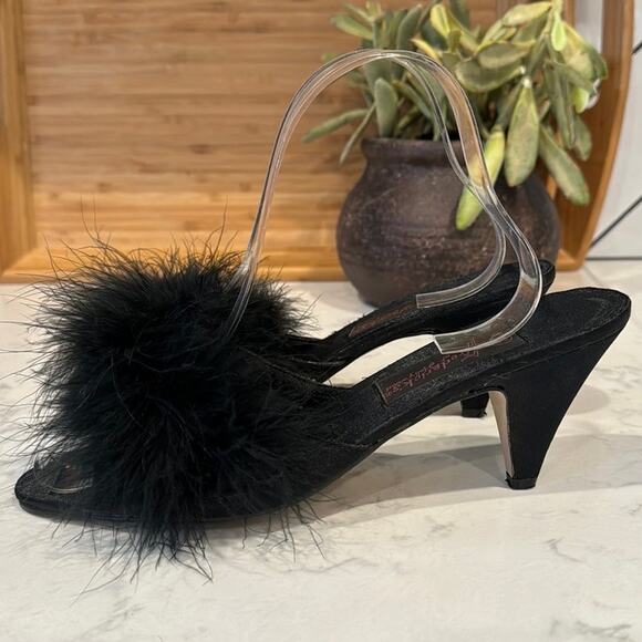 Fredrick’s of Hollywood 1980s Satin Peep Toe Pumps with Ostrich Feathers size 7 - Picture 1 of 9